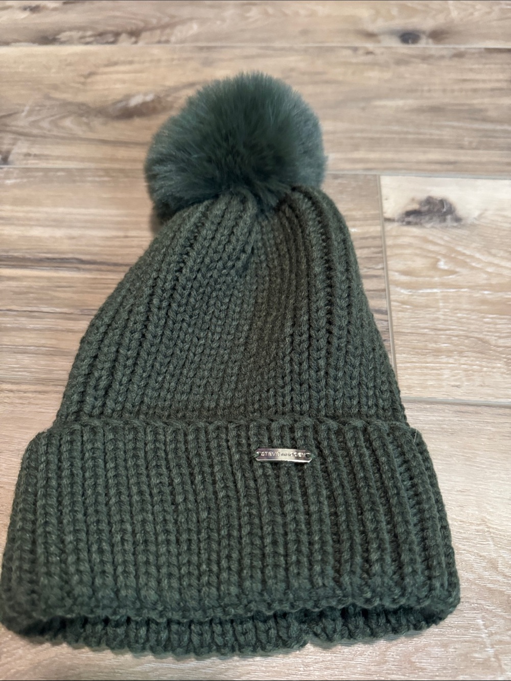 Steve Madden Olive Green Knit Pom Beanie